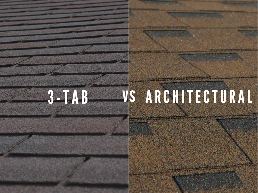 Side-by-side comparison of 3-tab shingles and architectural shingles